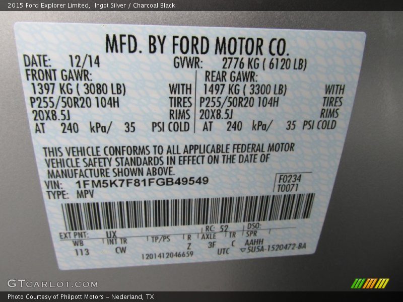 Ingot Silver / Charcoal Black 2015 Ford Explorer Limited