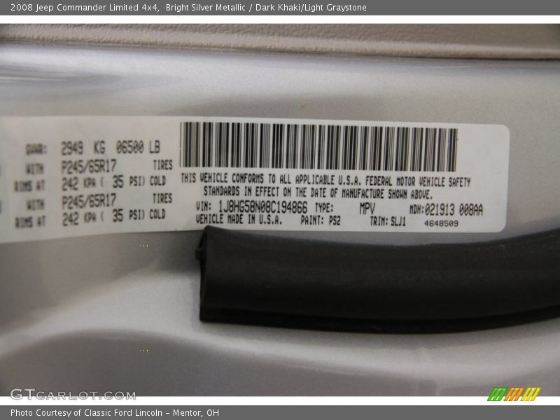 2008 Commander Limited 4x4 Bright Silver Metallic Color Code PS2