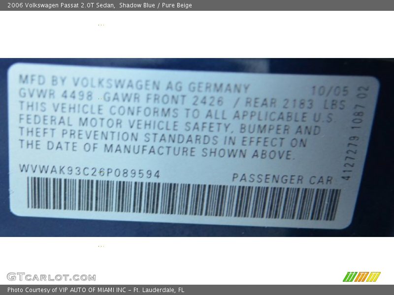 Shadow Blue / Pure Beige 2006 Volkswagen Passat 2.0T Sedan