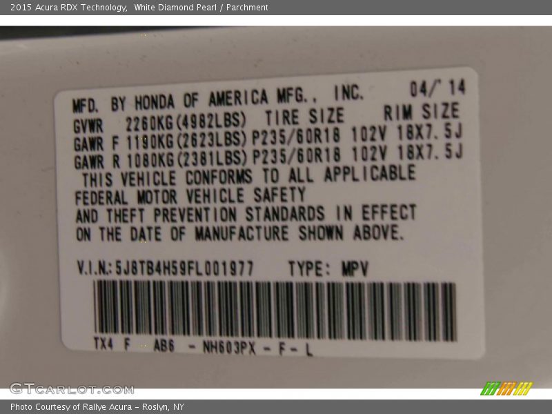 White Diamond Pearl / Parchment 2015 Acura RDX Technology