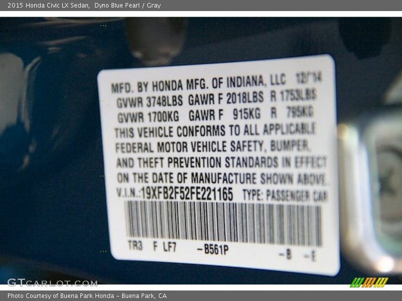 Dyno Blue Pearl / Gray 2015 Honda Civic LX Sedan