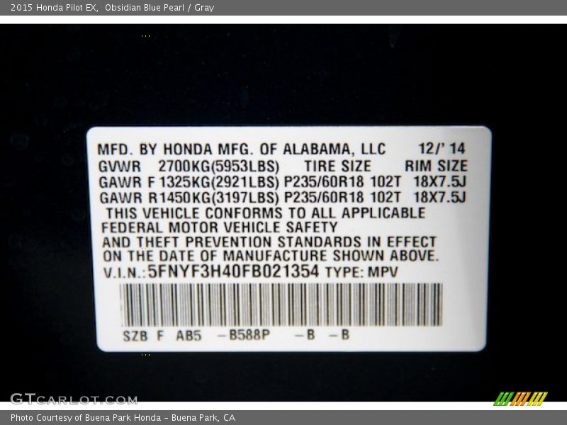 Obsidian Blue Pearl / Gray 2015 Honda Pilot EX