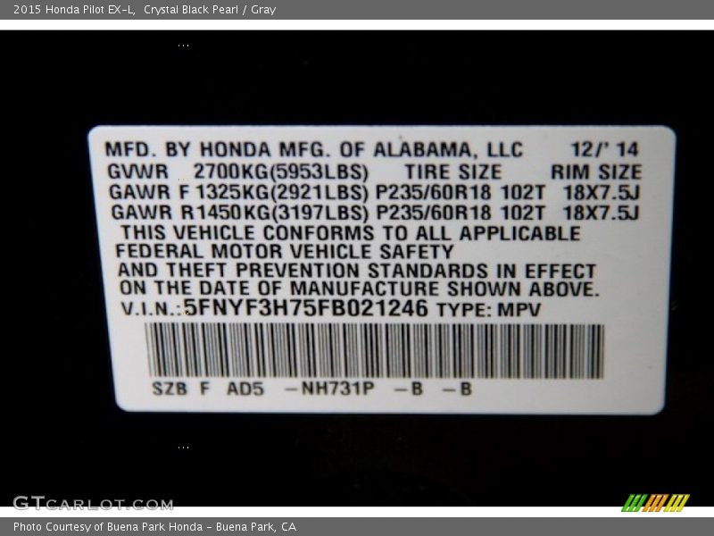 Crystal Black Pearl / Gray 2015 Honda Pilot EX-L