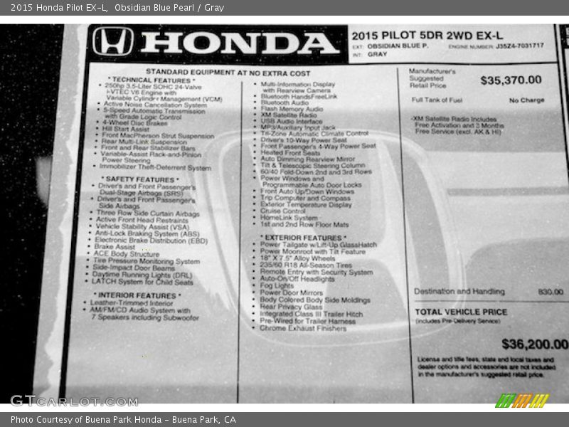 Obsidian Blue Pearl / Gray 2015 Honda Pilot EX-L