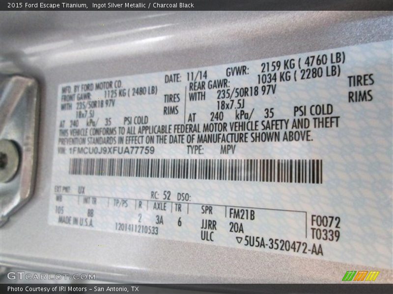 Ingot Silver Metallic / Charcoal Black 2015 Ford Escape Titanium