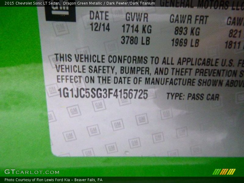 Dragon Green Metallic / Dark Pewter/Dark Titanium 2015 Chevrolet Sonic LT Sedan
