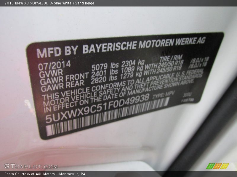 Alpine White / Sand Beige 2015 BMW X3 xDrive28i