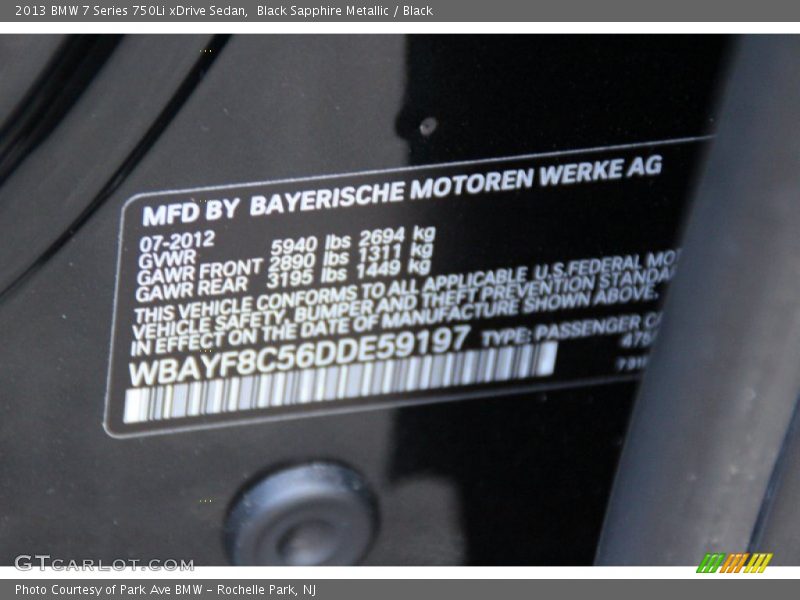 Black Sapphire Metallic / Black 2013 BMW 7 Series 750Li xDrive Sedan