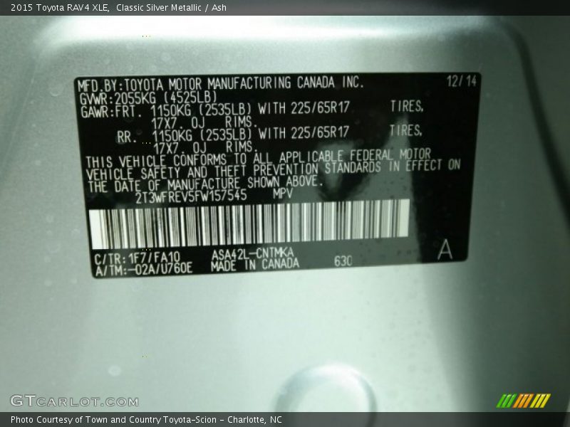 Classic Silver Metallic / Ash 2015 Toyota RAV4 XLE