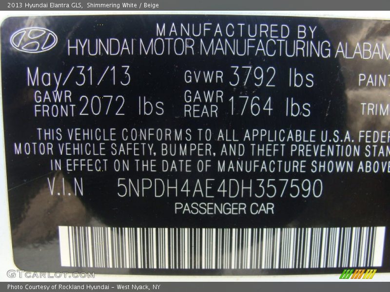 Shimmering White / Beige 2013 Hyundai Elantra GLS