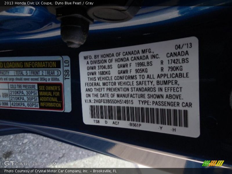 Dyno Blue Pearl / Gray 2013 Honda Civic LX Coupe