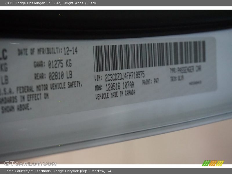 2015 Challenger SRT 392 Bright White Color Code PW7