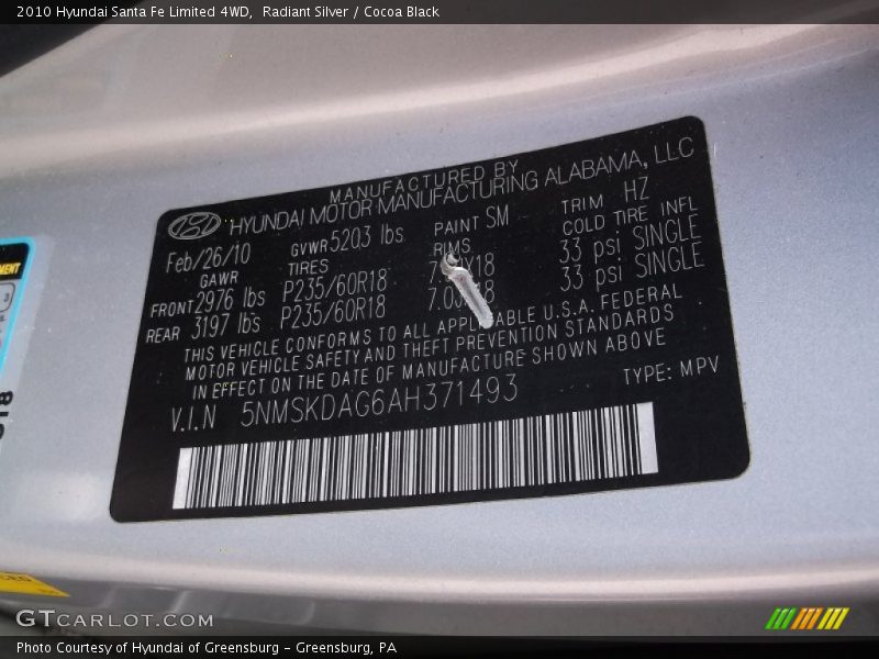 Radiant Silver / Cocoa Black 2010 Hyundai Santa Fe Limited 4WD