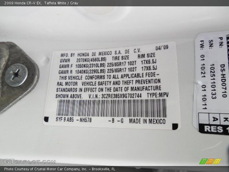 2009 CR-V EX Taffeta White Color Code NH578