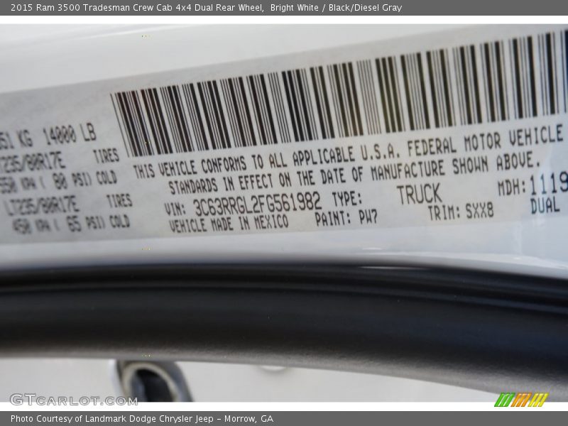 2015 3500 Tradesman Crew Cab 4x4 Dual Rear Wheel Bright White Color Code PW7
