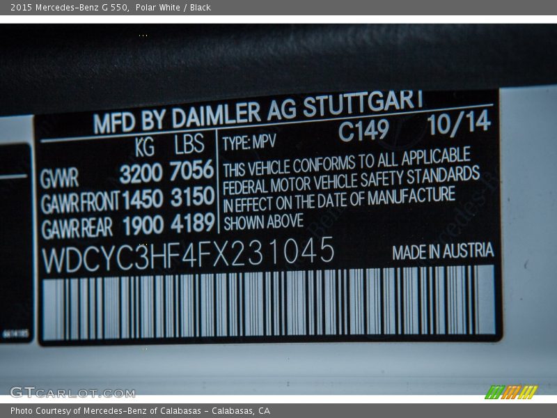 2015 G 550 Polar White Color Code 149