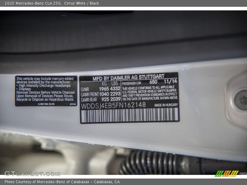 2015 CLA 250 Cirrus White Color Code 650