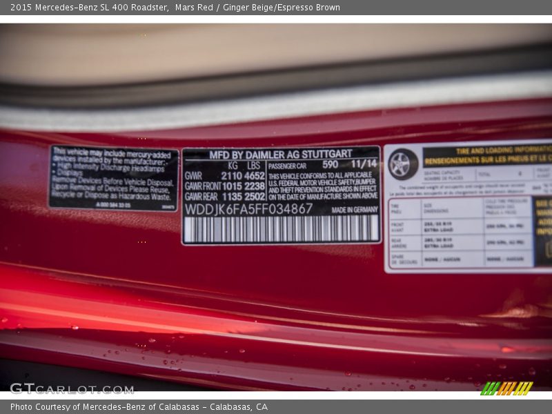 2015 SL 400 Roadster Mars Red Color Code 590