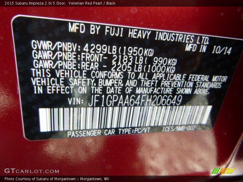 Venetian Red Pearl / Black 2015 Subaru Impreza 2.0i 5 Door