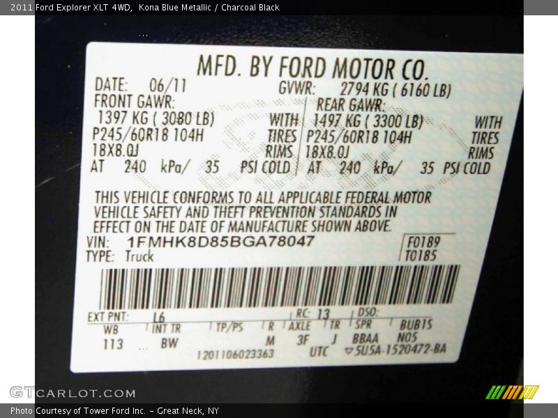 2011 Explorer XLT 4WD Kona Blue Metallic Color Code L6