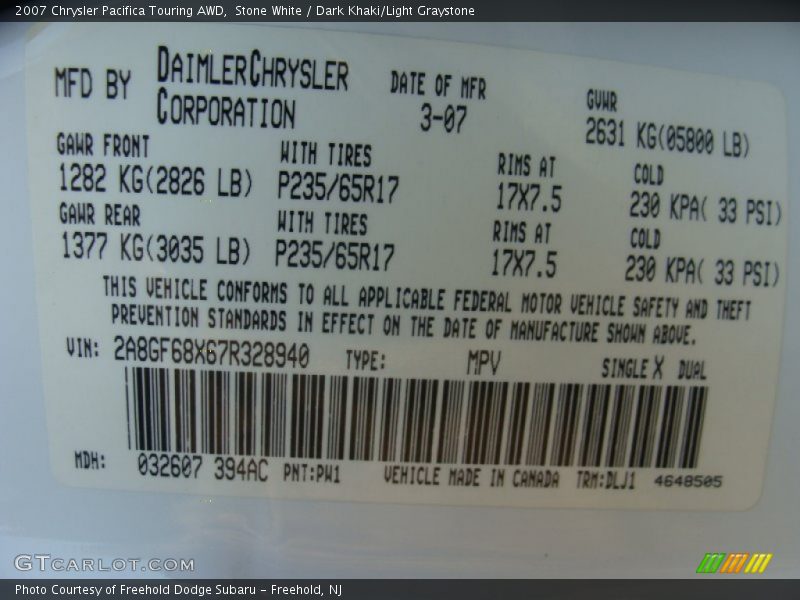 Stone White / Dark Khaki/Light Graystone 2007 Chrysler Pacifica Touring AWD