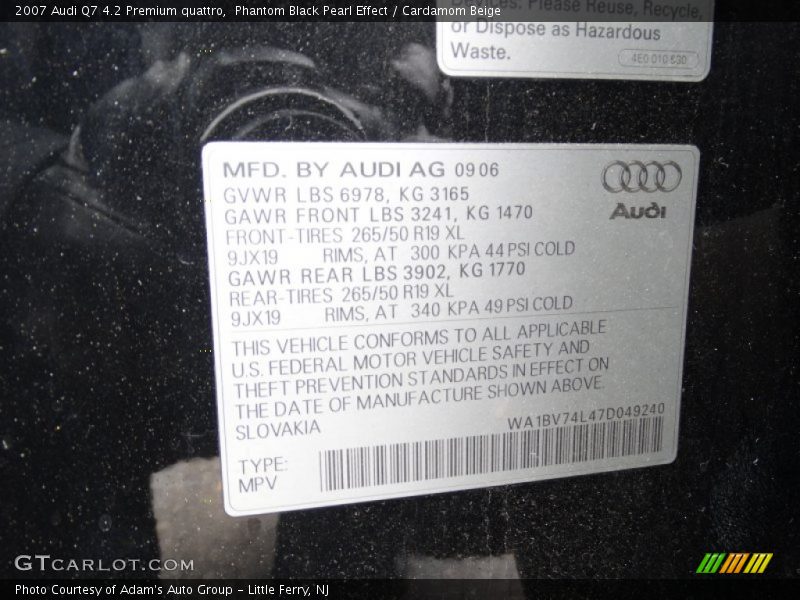 Phantom Black Pearl Effect / Cardamom Beige 2007 Audi Q7 4.2 Premium quattro