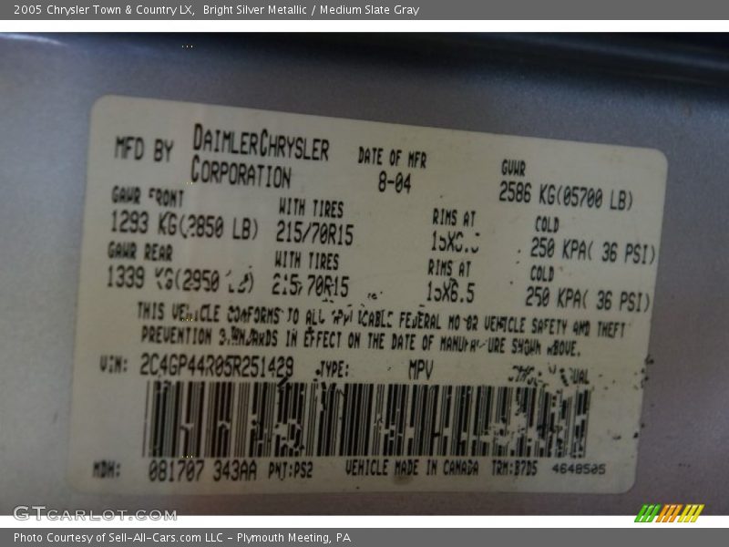 Bright Silver Metallic / Medium Slate Gray 2005 Chrysler Town & Country LX