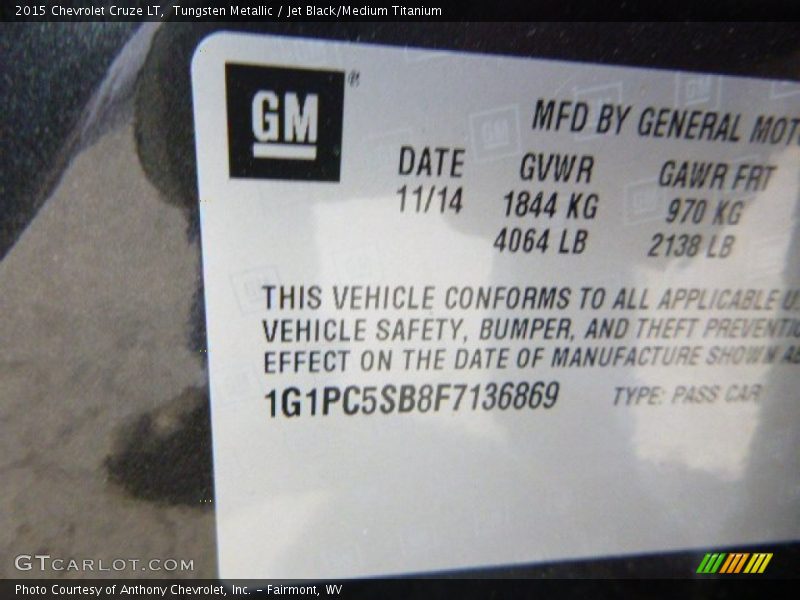 Tungsten Metallic / Jet Black/Medium Titanium 2015 Chevrolet Cruze LT