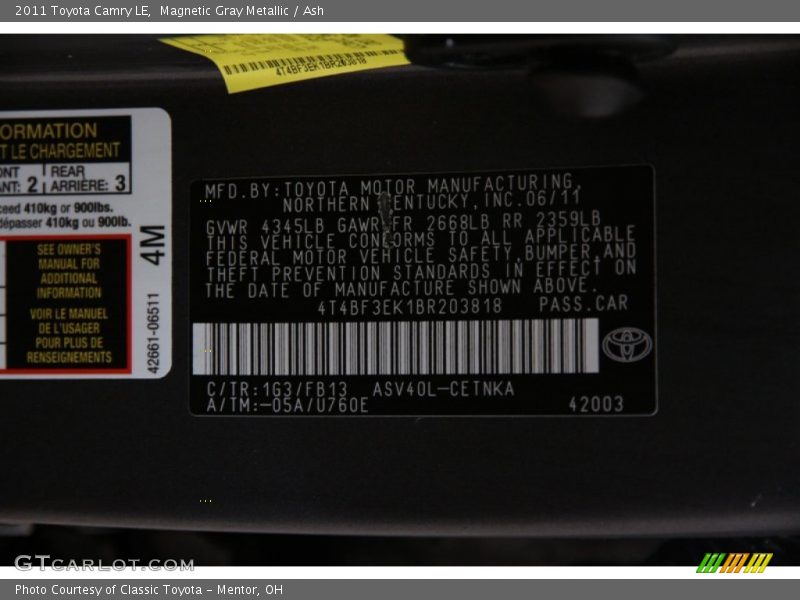 Magnetic Gray Metallic / Ash 2011 Toyota Camry LE