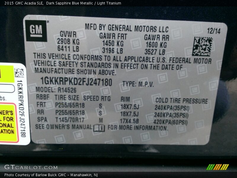 Dark Sapphire Blue Metallic / Light Titanium 2015 GMC Acadia SLE
