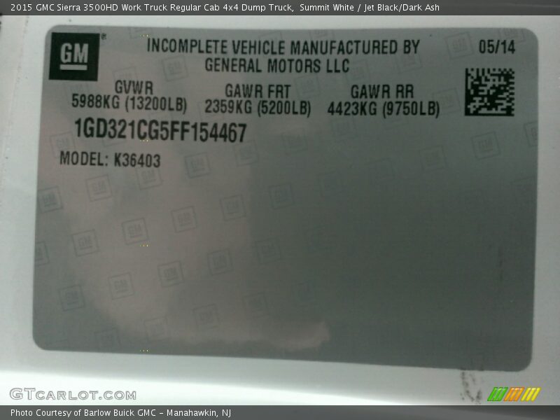 Info Tag of 2015 Sierra 3500HD Work Truck Regular Cab 4x4 Dump Truck