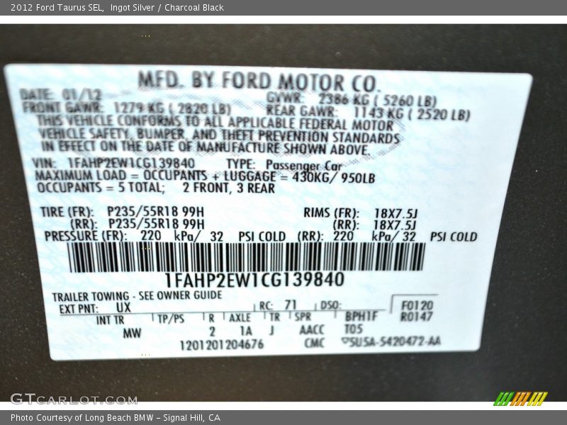 Ingot Silver / Charcoal Black 2012 Ford Taurus SEL