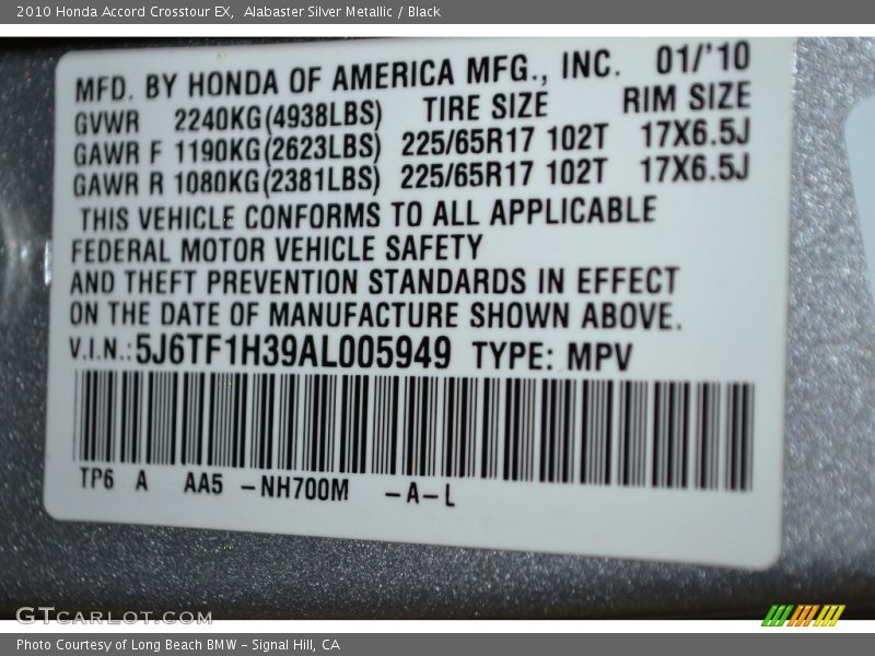 Alabaster Silver Metallic / Black 2010 Honda Accord Crosstour EX