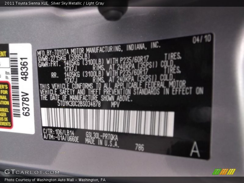 Silver Sky Metallic / Light Gray 2011 Toyota Sienna XLE