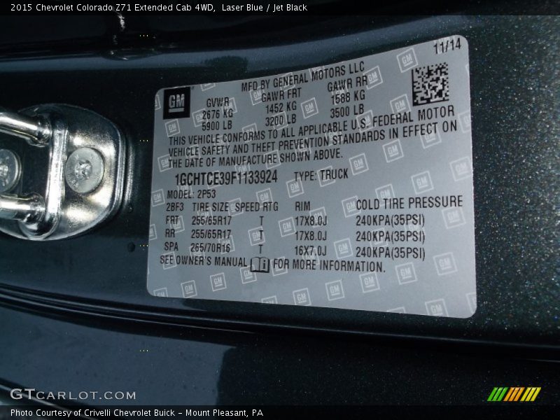 Info Tag of 2015 Colorado Z71 Extended Cab 4WD