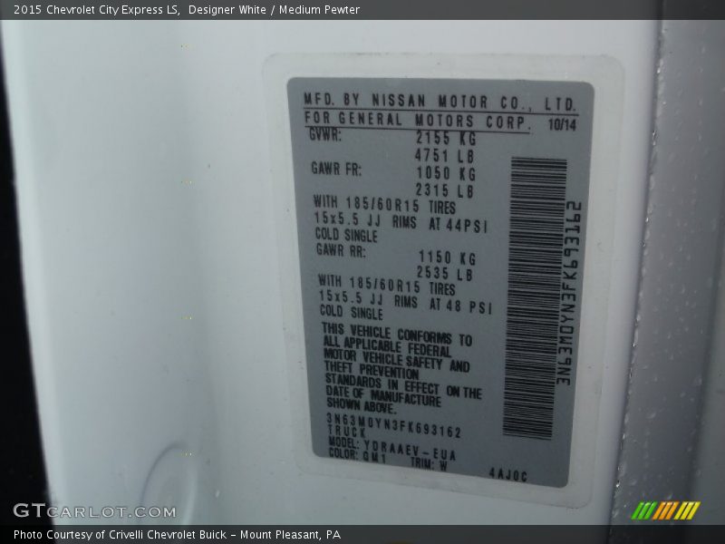 Designer White / Medium Pewter 2015 Chevrolet City Express LS