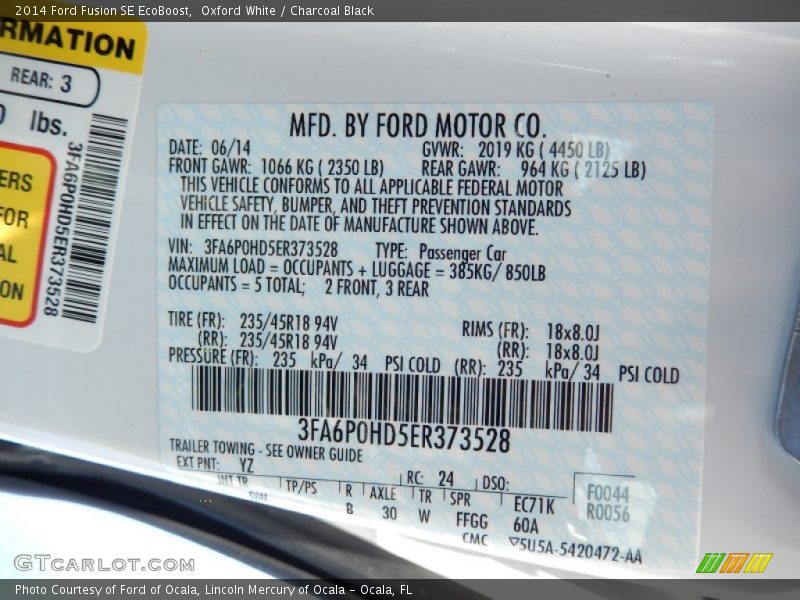 Oxford White / Charcoal Black 2014 Ford Fusion SE EcoBoost