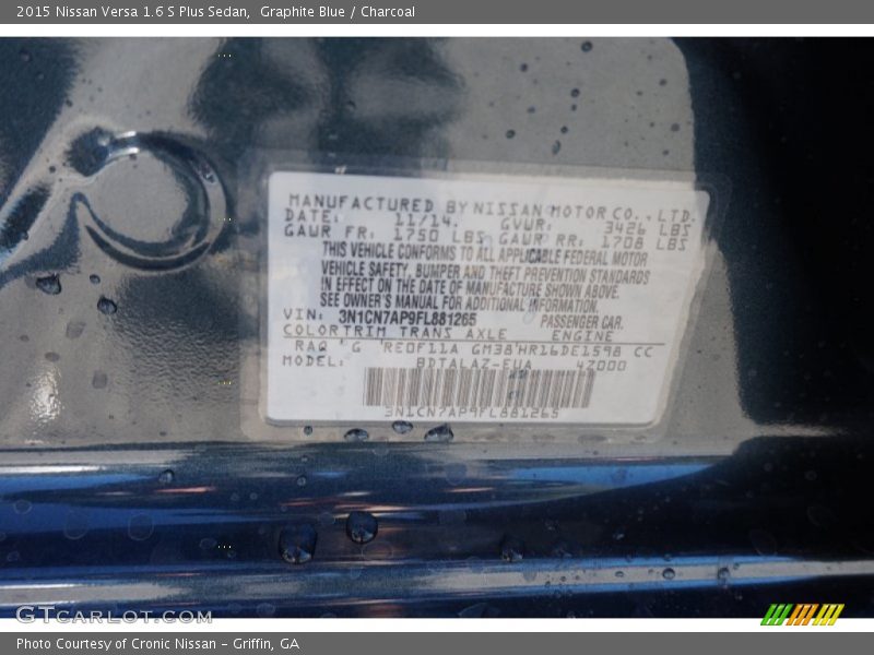 Graphite Blue / Charcoal 2015 Nissan Versa 1.6 S Plus Sedan
