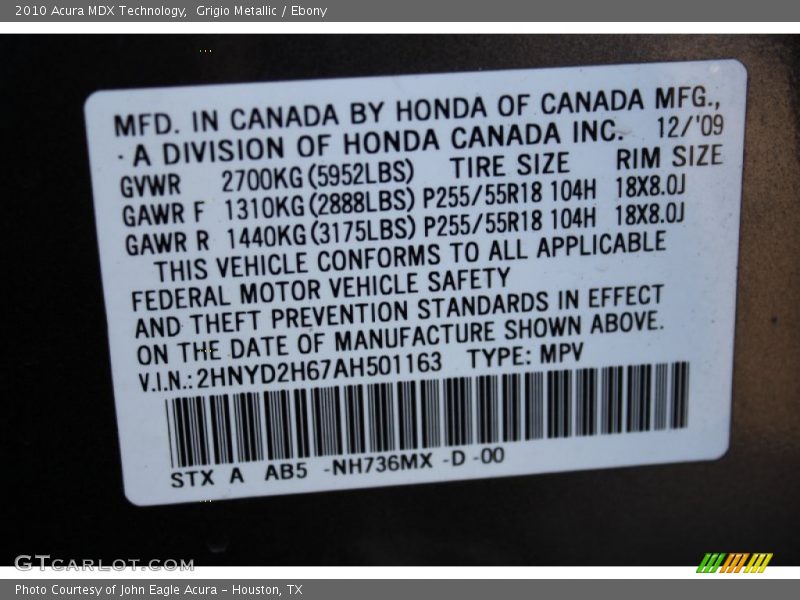 Grigio Metallic / Ebony 2010 Acura MDX Technology