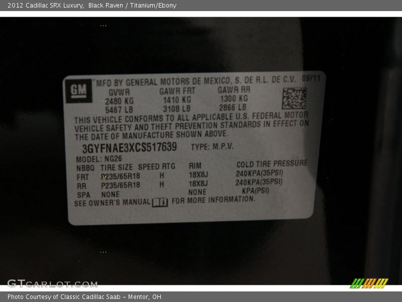 Black Raven / Titanium/Ebony 2012 Cadillac SRX Luxury