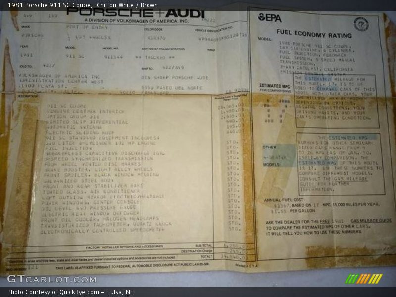  1981 911 SC Coupe Window Sticker