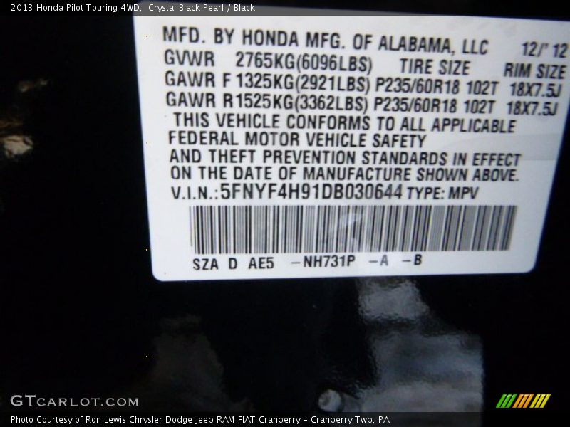 Crystal Black Pearl / Black 2013 Honda Pilot Touring 4WD