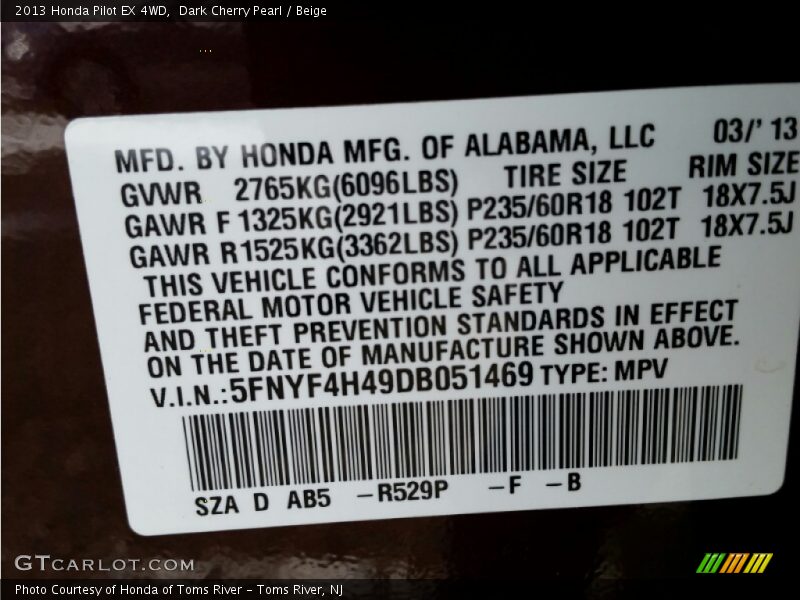 Dark Cherry Pearl / Beige 2013 Honda Pilot EX 4WD