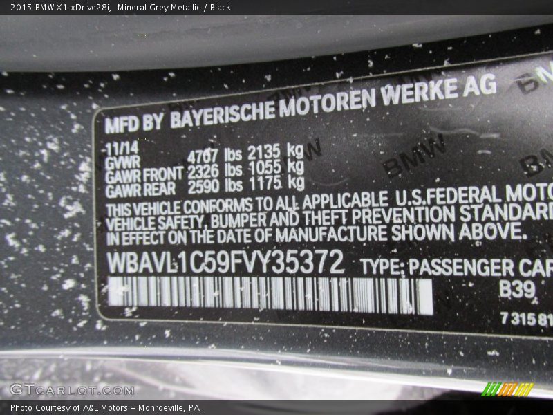 Mineral Grey Metallic / Black 2015 BMW X1 xDrive28i