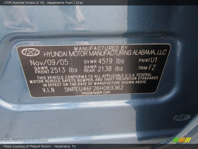 Aquamarine Pearl / Gray 2006 Hyundai Sonata LX V6