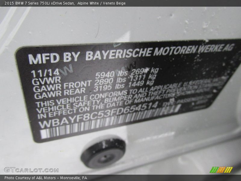 Alpine White / Veneto Beige 2015 BMW 7 Series 750Li xDrive Sedan