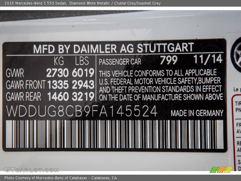 Diamond White Metallic / Crystal Grey/Seashell Grey 2015 Mercedes-Benz S 550 Sedan