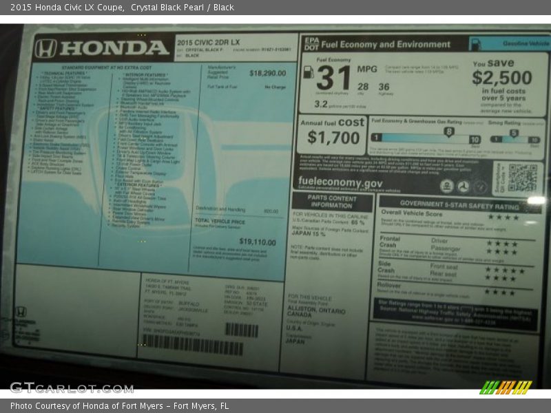 Crystal Black Pearl / Black 2015 Honda Civic LX Coupe