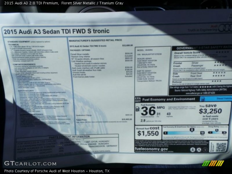 Florett Silver Metallic / Titanium Gray 2015 Audi A3 2.0 TDI Premium