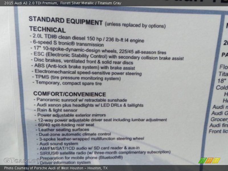 Florett Silver Metallic / Titanium Gray 2015 Audi A3 2.0 TDI Premium